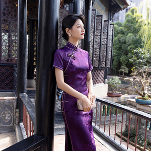老上海旗袍富贵牡丹高级长款民国风女2024新款春夏日常改良新中式