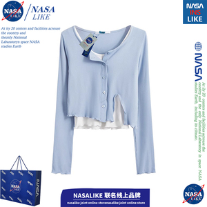 NASA~木耳边针织开衫女2024春季新款不规则短款开叉t恤上衣两件套