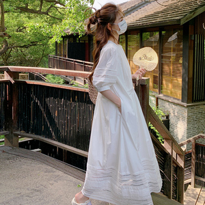 今年流行的漂亮裙子白色连衣裙女夏季短袖高腰蕾丝拼接A字仙女裙