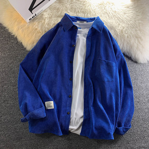 克莱因蓝衬衫男灯芯绒日系大码休闲外套男装小众设计感长袖复古衣