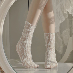 玛丽珍鞋袜蕾丝袜子女夏季薄款白色花朵网纱中筒甜美风配jk堆堆袜