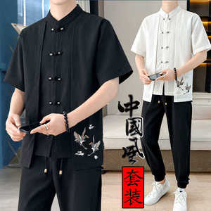夏季新款男士假两件刺绣短袖t恤中式衬衫中国风冰丝开衫唐装上衣