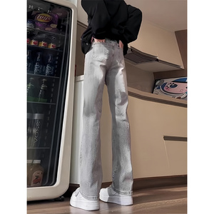 烟灰色微喇牛仔裤男夏季190高个子加长裤子美式高街窄版直筒裤薄