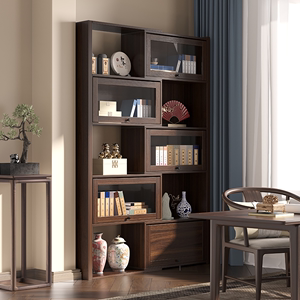 美式实木伸缩书柜储物柜一体带玻璃门落地整墙书架展示客厅收纳柜
