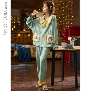 睡衣女春秋季纯棉长袖薄款卡通可爱外穿公主风日系家居服两件套。