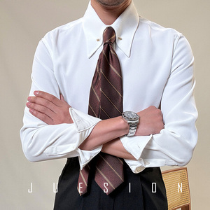 JUESION 意式长袖白色衬衫男带孔领针免烫商务绅士大尖领修身衬衣