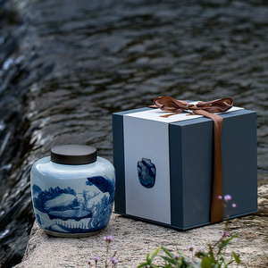 中式山水之间青花瓷茶叶罐复古密封罐茶叶包装空礼盒绿茶白茶大号