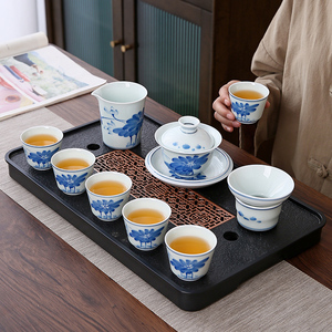 景德镇高档手绘山水陶瓷功夫茶具套装青花瓷茶海茶壶盖碗茶杯整套