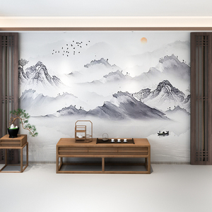 3d中式客厅电视背景墙壁纸抽象壁画现代水墨山水墙纸沙发茶室墙布