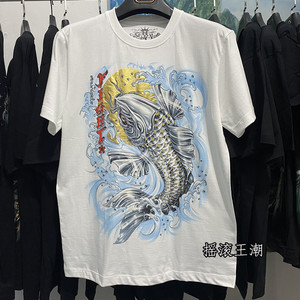 潮牌泰国T 恤烫金印鲤鱼图案印花白色半袖男日系男装大码纹身T 恤