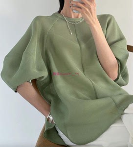 气质范儿！独+纯圆~松本惠奈C1ane 灯笼袖拼接设计感透视网纱衬衫