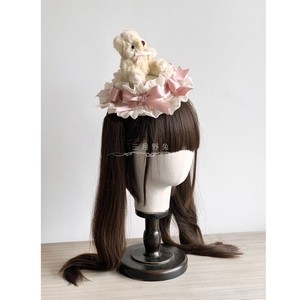 【三月野兔】Lolita原创手作 小熊童子粉白小礼帽 蕾丝可爱蛋糕帽
