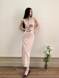 新中式裸色网纱紫调印花旗袍连衣裙子女夏季收腰包臀开叉背心长裙