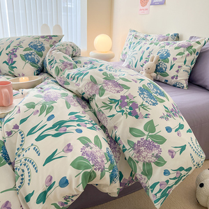 田园风紫色植物花卉纯棉全棉床上四件套宿舍床单被套三件套1.8m床