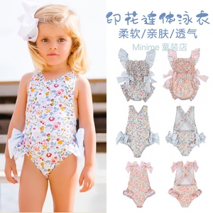 24夏新sal*女童泳衣婴儿连体吊带游泳衣蓝色粉色印花可爱沙滩泳衣