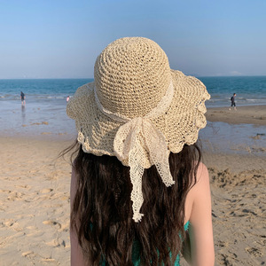 草帽赫本风蕾丝编织法式草编帽子女夏出游防晒遮阳沙滩海边太阳帽