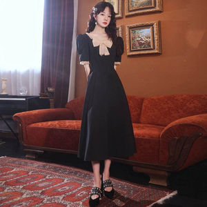 洋装小晚礼服主持人二胡表演服女新款高端气质黑色显廋法式连衣裙