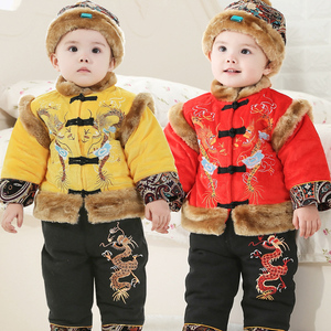 宝宝唐装男童装冬装棉衣0-1-2-3岁加厚婴幼儿古装套装周岁新年服4