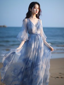 讴古儿超好看沙滩裙仙气飘飘的仙女裙蓝色雪纺连衣裙子夏季2024新