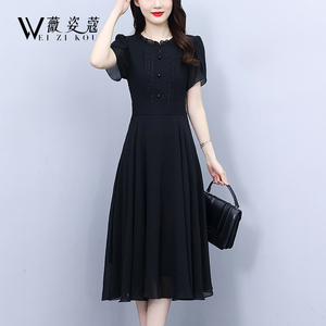 黑色连衣裙2024新款女夏季气质高端精致修身显瘦夏天雪纺中长裙子