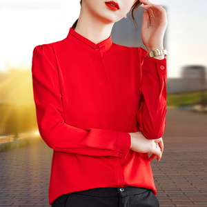 红色雪纺衬衫女长袖春秋2024新款韩版泡泡袖立领衬衣春装职业上衣