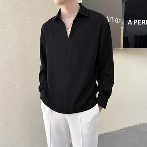 那不勒斯衬衫设计黑色V领冷淡系高级感法式上衣男士小众套头衬衣