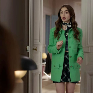 艾米丽在巴黎Emily同款绿色中长款小香风外套气质时尚新款大