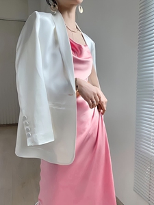 高端进口三醋酸纯色缎面白色小西装外套女2021春秋季新款女装西服