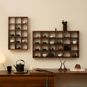 多宝阁茶具置物架博古架实木新中式挂墙桌面黑胡桃茶杯收纳展示柜