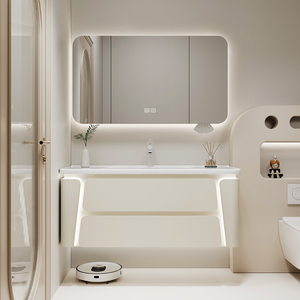 陶瓷一体盆浴室柜组合奶油风橡木智能镜卫生间洗漱台洗手脸池定制