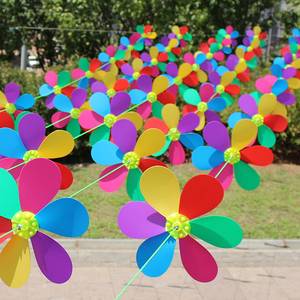 国庆幼儿园花朵七彩拉线风车串绳彩色悬挂小风车装饰户外旋转塑料