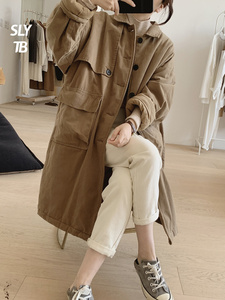 日本代购SLY TB加厚夹棉工装外套女冬季大口袋中长款棉衣宽松大衣