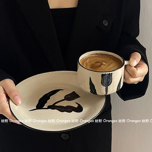 芬兰同款复古手绘花朵陶瓷马克杯方柄咖啡杯牛奶杯子早餐盘子餐具