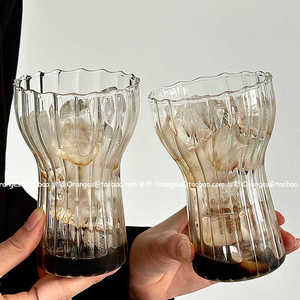 Oranges咖啡店耐高温蘑菇头竖纹玻璃杯冰美式咖啡杯果汁杯冷饮杯