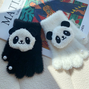 冬季儿童新品熊猫獭兔毛毛手套可爱女童宝宝五指分指保暖大童手套