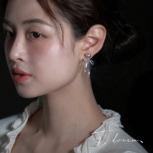 《奇思妙想》真多麻灰珍珠蝴蝶结耳环女小众设计高级耳饰耳钉耳坠