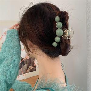 日韩国优雅气质抓夹女绿色珍珠大号小号发夹后脑勺鲨鱼夹头饰发卡