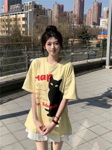 万千少女日系趣味猫咪短袖T恤女2024新款潮牌情侣休闲宽松t恤上衣