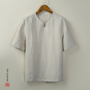 中国风男装复古风汉服短袖宽松大码半袖唐装青年夏季棉麻料T恤衫