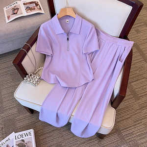 休闲显瘦运动紫色套装女夏季大码胖mm半拉链短袖上衣阔腿裤两件套