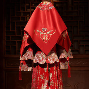 中式婚礼盖头秀禾服结婚红盖头透明红纱盖头新娘头纱红色秀禾盖头