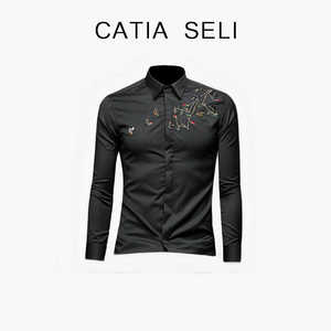 CATIA SELI2024春季新款刺绣衬衫男士长袖青年韩版修身绣花白衬衣