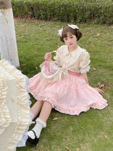 Labeau-可丽卷-自制双色棉布泡泡袖短袖衬衫女娃娃领lo