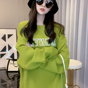 美式街头风2022冬季新款韩版高级感绿色卫衣女加绒加厚宽松上衣潮