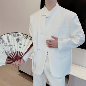 新中式国风中山装男士立领小西装外套男装上衣高级感白色休闲西服