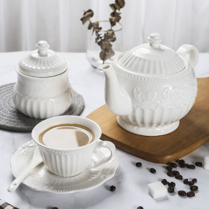 欧式复古陶瓷咖啡杯套装简约浮雕茶壶奶盅奶壶糖罐下午茶杯碟家用