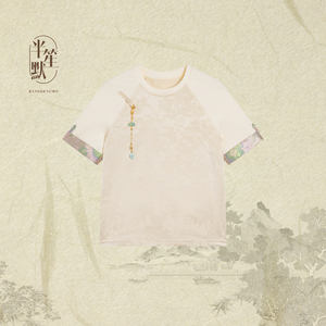 新中式拼接缎面提花国风上衣花朵蝴蝶图案显瘦T恤
