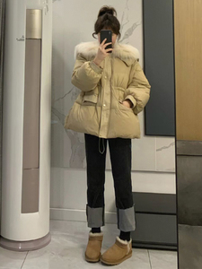 韩版简约纯色气质高级感加厚大毛领羽绒棉服外套女2023年冬季新款