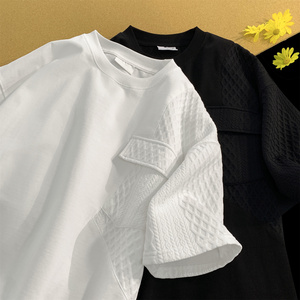 拼接短袖男夏季潮牌痞帅重磅纯棉白色t恤口袋设计感小领口七分袖