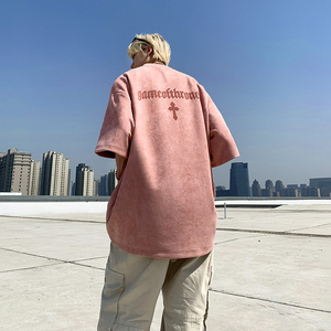 美式复古320g重磅t恤男夏季小领口麂皮绒短袖青少年粉红色七分袖